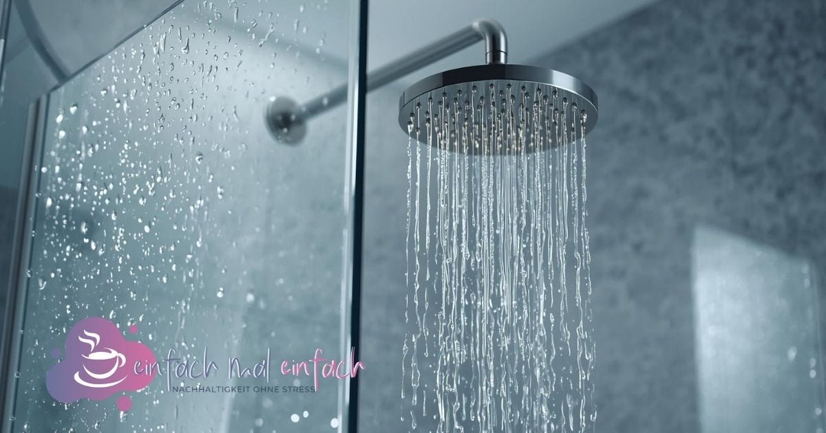 Moderne Regendusche mit Chrom-Duschkopf, Glaswand und fallenden Wasserstrahlen