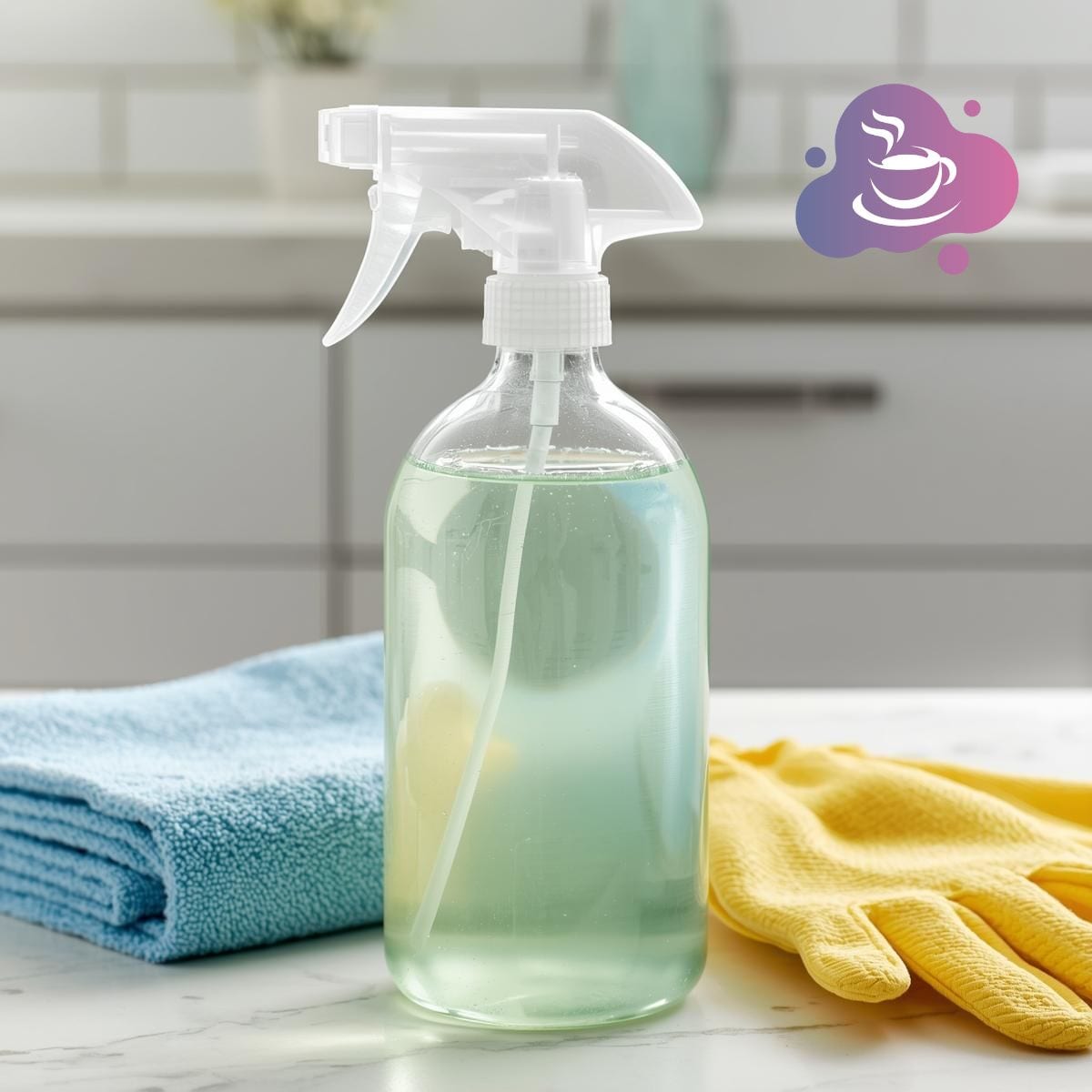 Allzweckreiniger mit Schwamm und Handschuhen