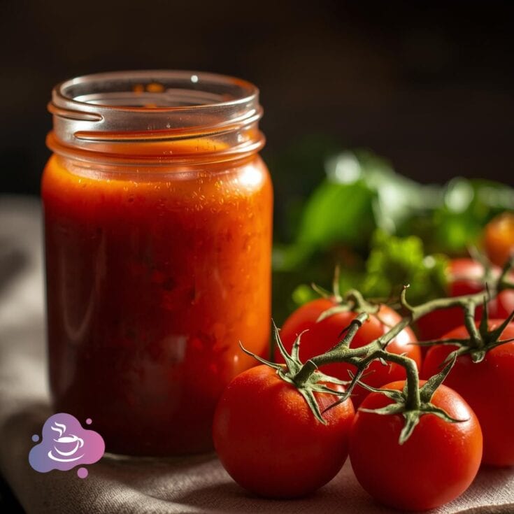 Glas mit Tomatensauce und Tomaten