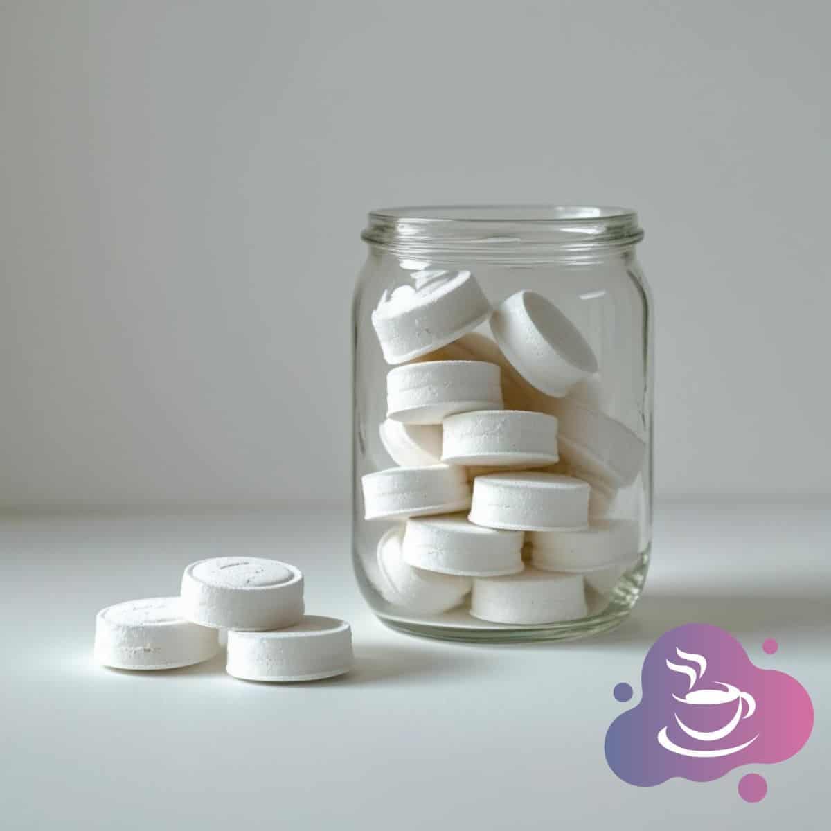 Glassdose mit weißen Tabletten, stilvolles Gesundheits- und Wellnessbild, modernes Design, minimalistische Ästhetik.