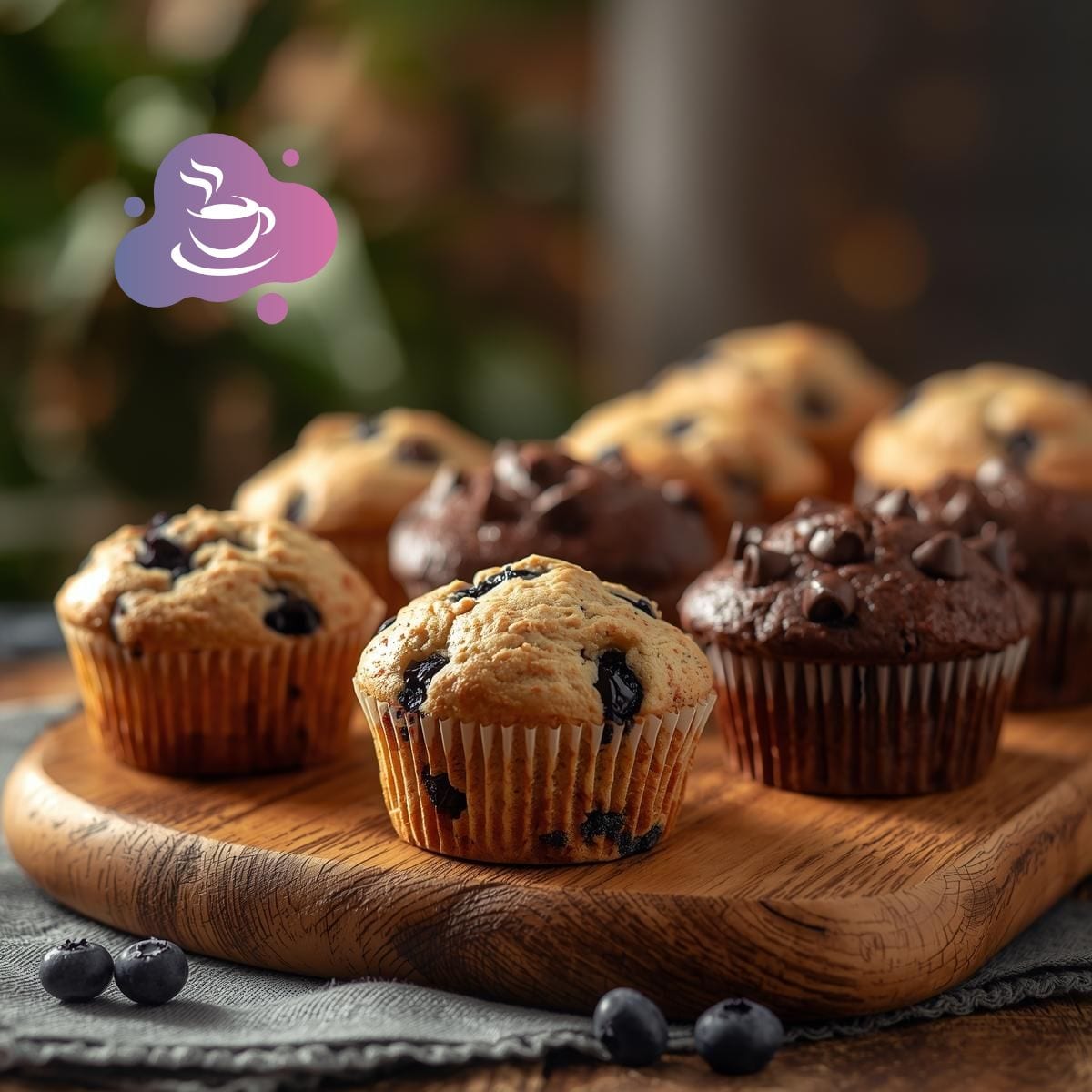 Leckere Muffins auf einem Holzbrett.