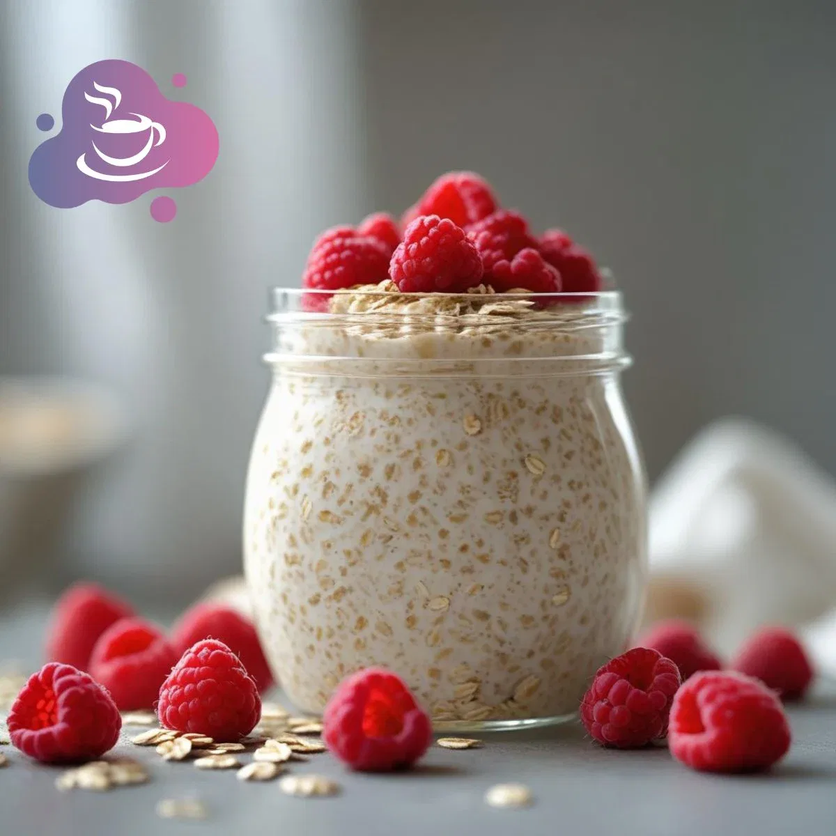 Gesunde Overnight Haferflocken mit frischen Himbeeren, perfekt für ein nahrhaftes Frühstück.