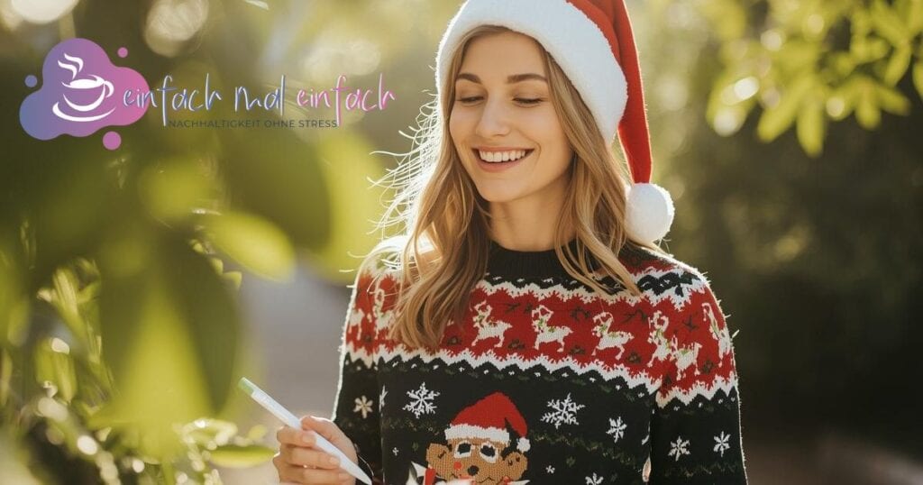 Frau mit Weihnachtsmütze plant Weihnachten ohne Stress
