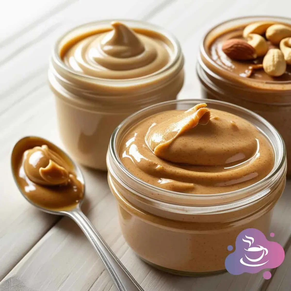 Gourmet Nussbutter-Set mit cremigen Variationen in Gläsern, auf Holzuntergrund, appetitlich präsentiert.