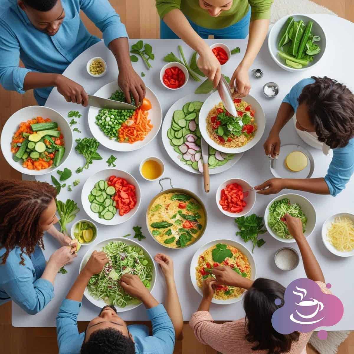 Gemeinschaftliches Kochen mit frischen, bunten Zutaten und lebendiger, freundlicher Atmosphäre.