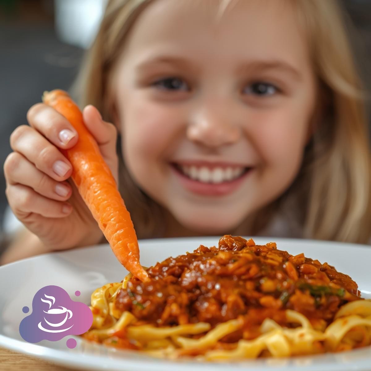 Kind mit Karotte und Pasta mit verstecktem Gemüse.