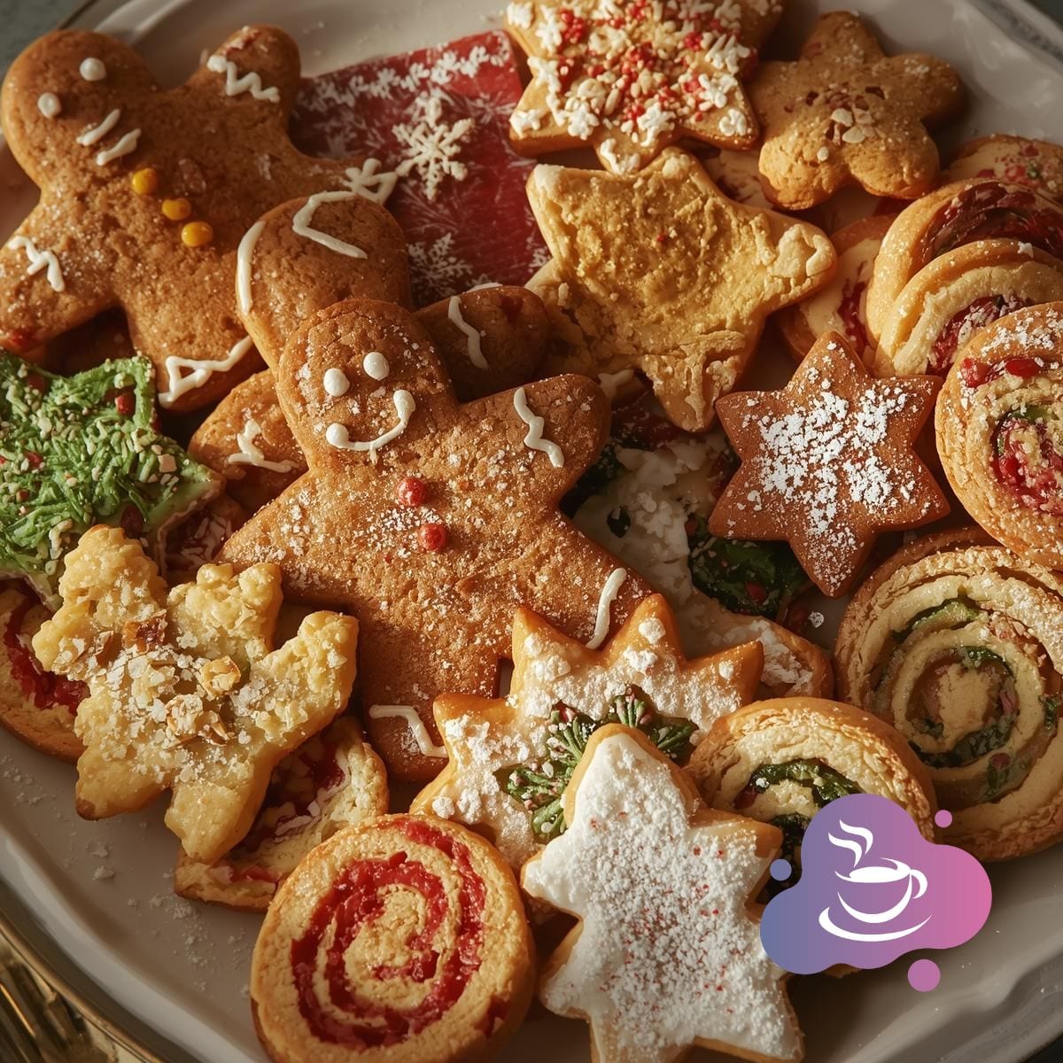 Hausgemachte Weihnachtsplätzchen: Lebkuchen, Sterne und bunte Spiralplätzchen