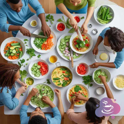 Gemeinschaftliches Kochen mit frischen, bunten Zutaten und lebendiger, freundlicher Atmosphäre.