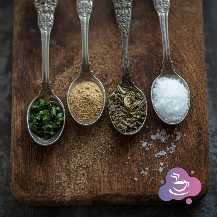 Verschiedene Gewürze auf Löffeln