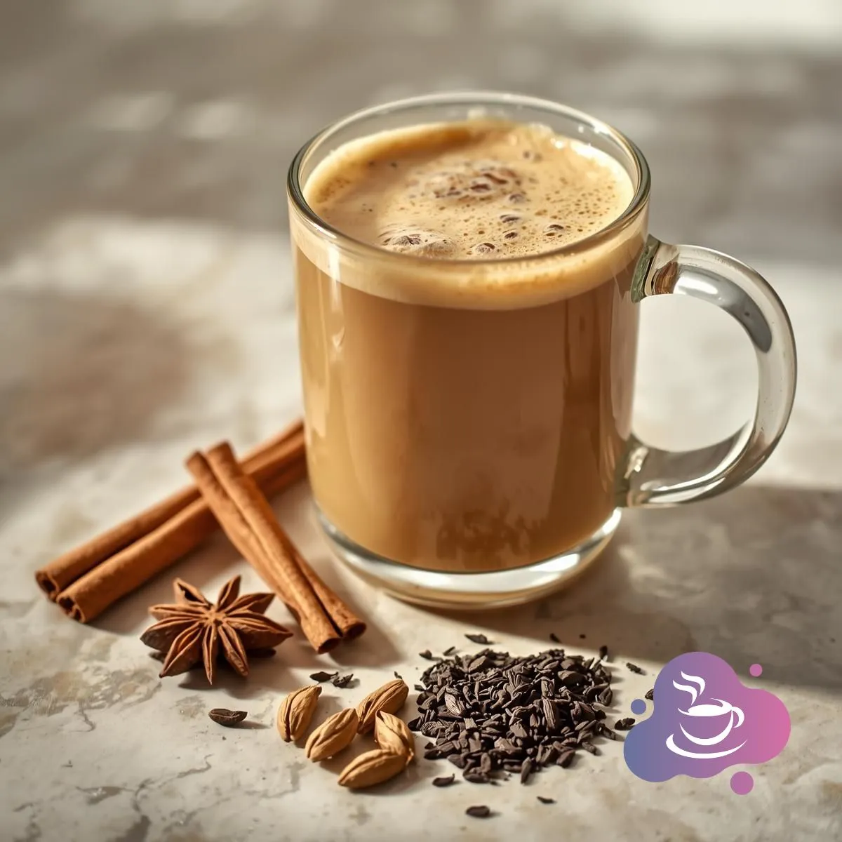 Chai-Latte im Glas mit Zimtstangen, Kardamom und Sternanis