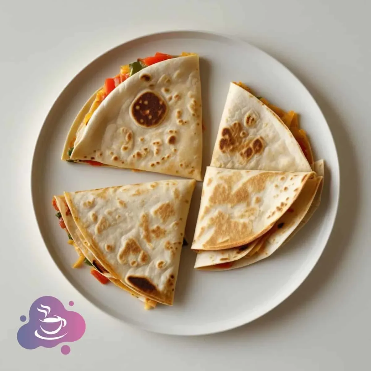 Leckere, goldbraune Quesadillas mit frischem Gemüse und geschmolzenem Käse auf weißem Teller.