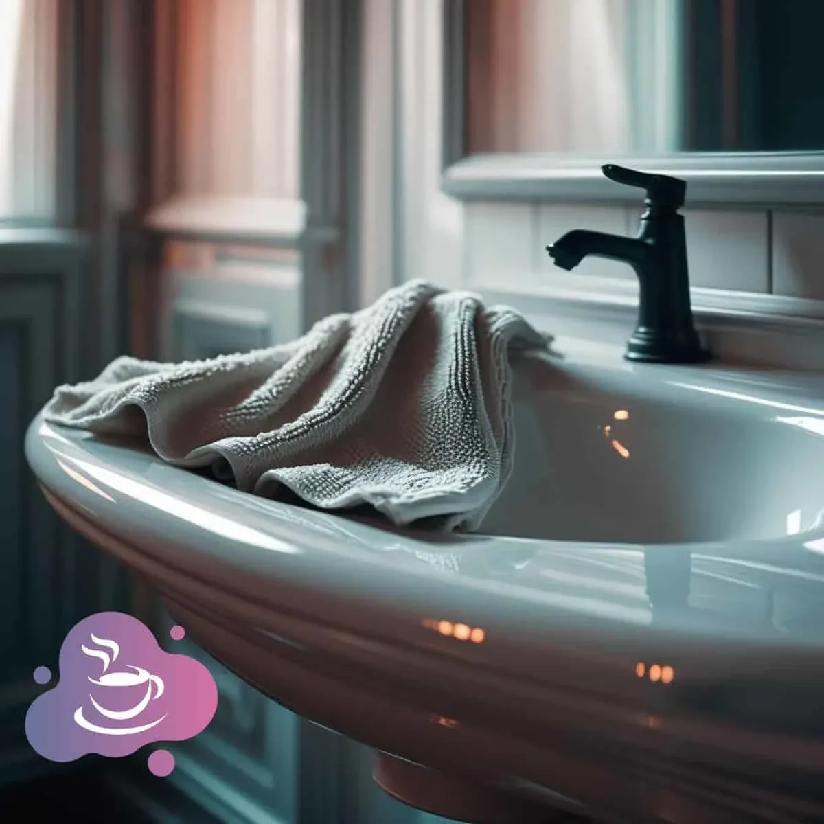 Elegantes Badezimmer mit weißem Waschtisch, schwarzem Wasserhahn und gemütlichem Handtuch.