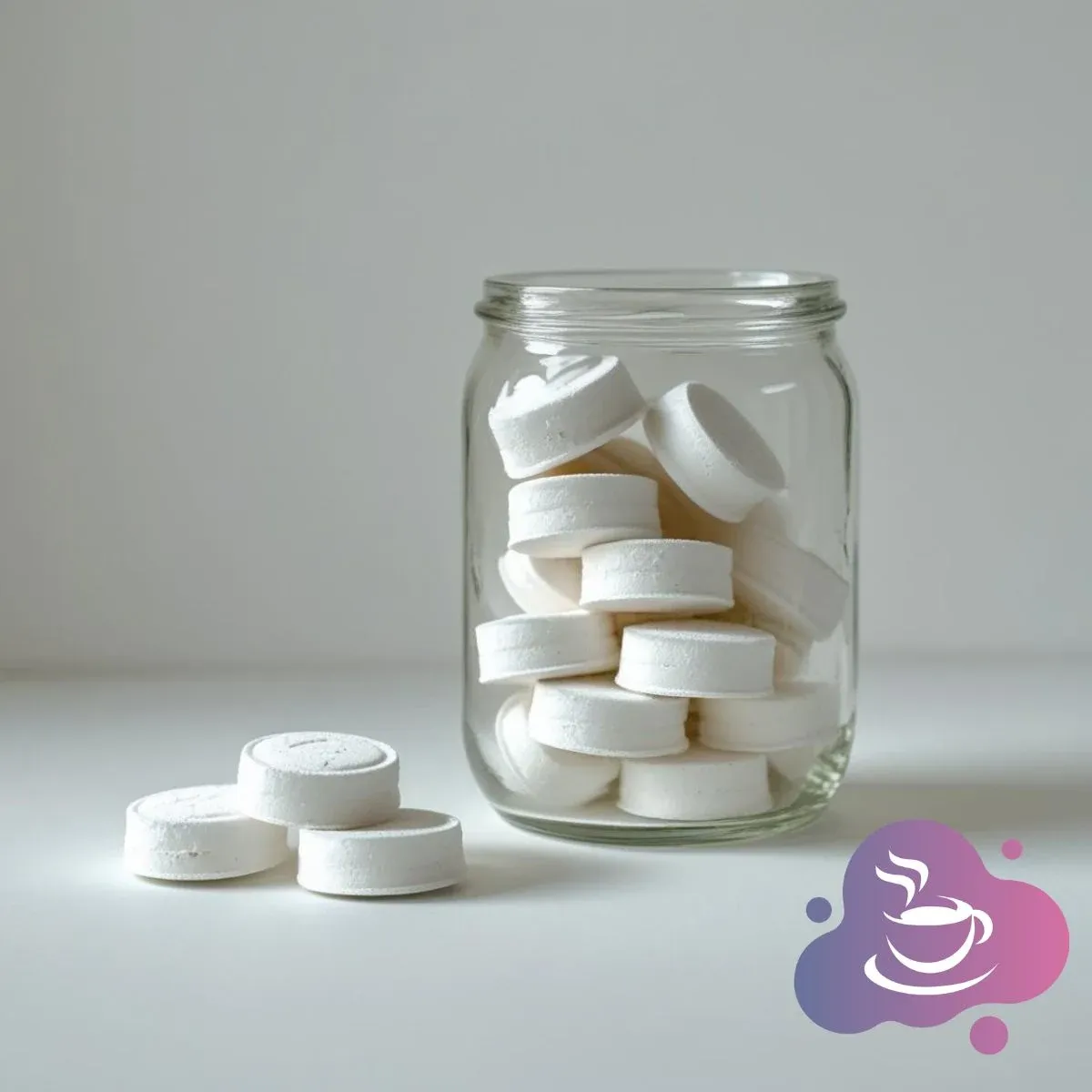 Glassdose mit weißen Tabletten, stilvolles Gesundheits- und Wellnessbild, modernes Design, minimalistische Ästhetik.