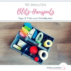 Putz-Caddy mit Putzmaterialien auf Holzlaminat. Text: