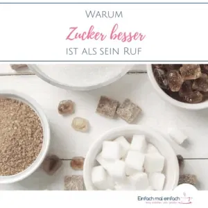 Zucker in unterschiedlichen Formen auf hellem Untergrund. Text: