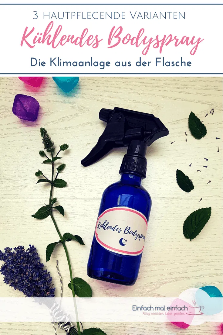 Blaue Sprühflasche auf hellem Untergrund mit Pfefferminze, Lavendel und bunten Eiswürfeln.