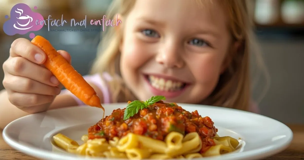 Gemüse verstecken: Kind mit Karotte und Pasta mit verstecktem Gemüse.