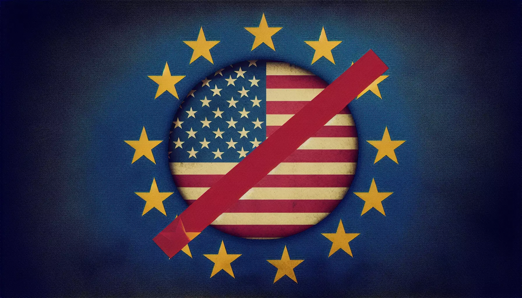 durchgestrichene US-Flagge, umrahmt von der EU Flagge, als Symbol für europäische Alternativen
