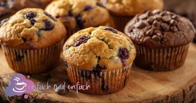 Leckere Muffins auf einem Holzbrett.