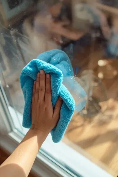 Hand wischt Fenster während der Fensterreinigung mit einem hellblauen Mikrofaser-Tuch; klares Glas, Sonnenlicht, Zuhause.