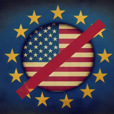 Europa gegen USA: Symbolischer Bruch mit US-Flagge und EU-Flagge im Hintergrund