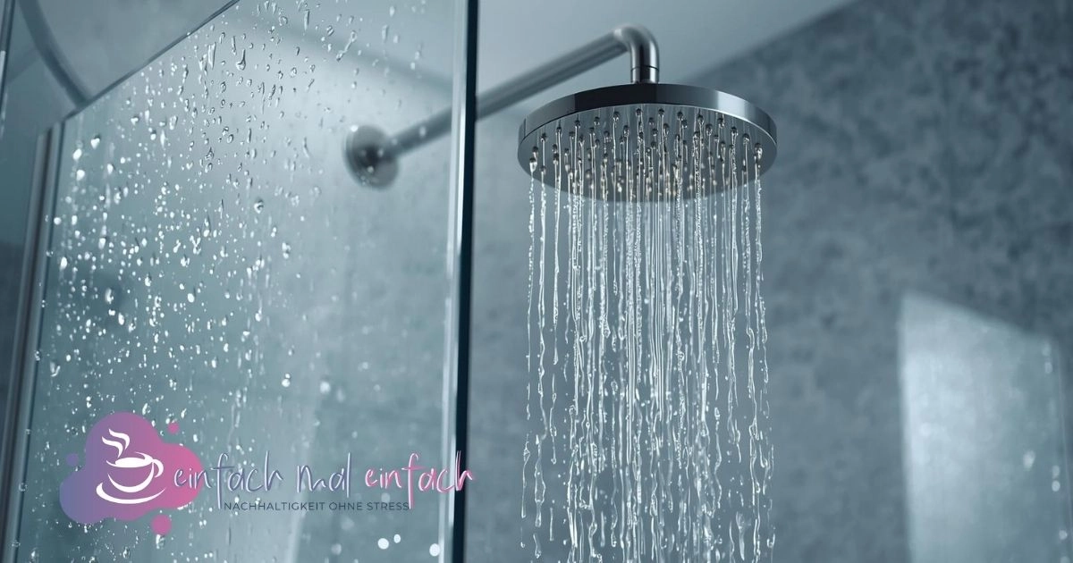 Moderne Regendusche mit Chrom-Duschkopf, Glaswand und fallenden Wasserstrahlen