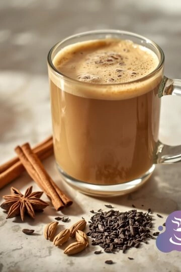 Chai-Latte im Glas mit Zimtstangen, Kardamom und Sternanis