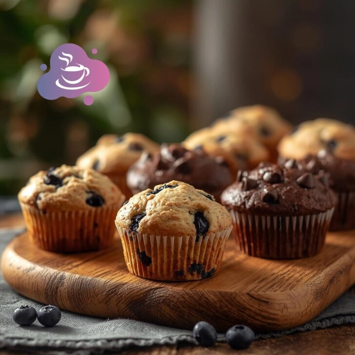 Leckere Muffins auf einem Holzbrett.