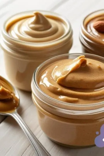 Gourmet Nussbutter-Set mit cremigen Variationen in Gläsern, auf Holzuntergrund, appetitlich präsentiert.