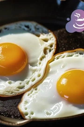 Frisch gebratene Spiegeleier in Gusseisenpfanne, perfekt für ein gemütliches Frühstück.