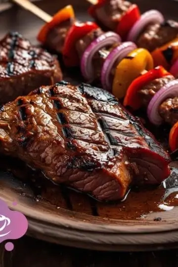 Gegrilltes Fleisch mit bunten Gemüse-Spießen auf rustikaler Platte, perfekt für Barbecue und Geselligkeit.
