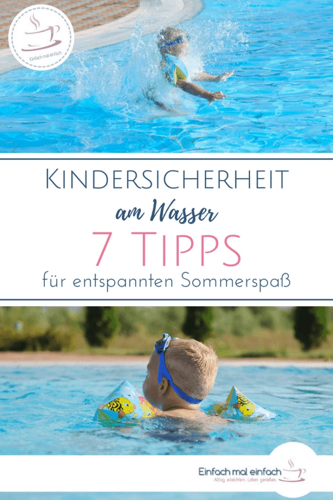 Collage aus Bildern von badendem Kind im Pool. Text:
