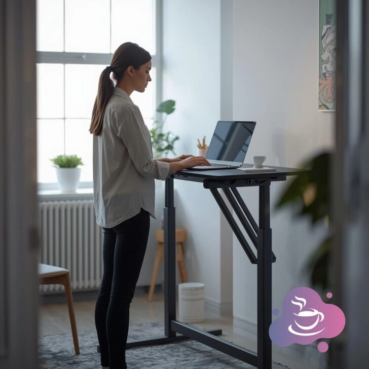 Frau am Stehschreibtisch mit Laptop
