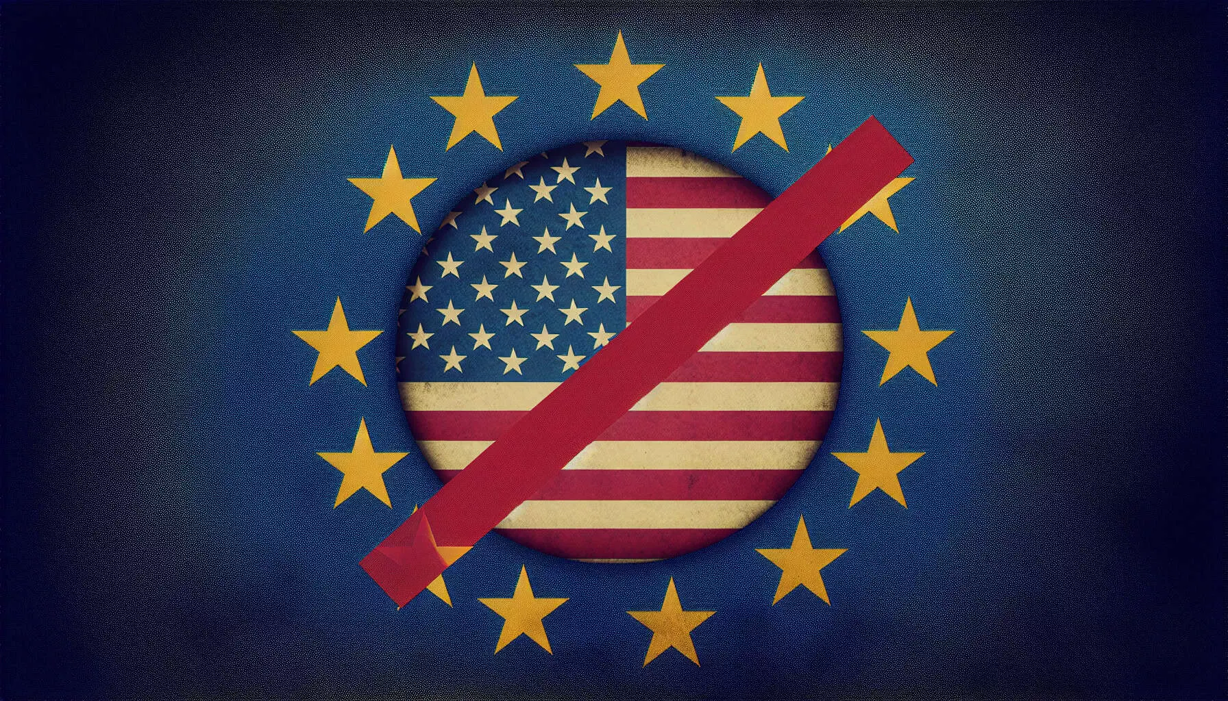 durchgestrichene US-Flagge, umrahmt von der EU Flagge, als Symbol für europäische Alternativen