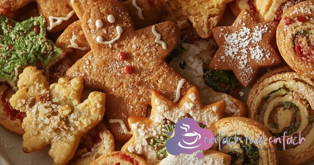 Weihnachtsplätzchen auf Plätzchenteller mit Lebkuchenmännchen, Zuckerguss und Marmeladenfüllungen