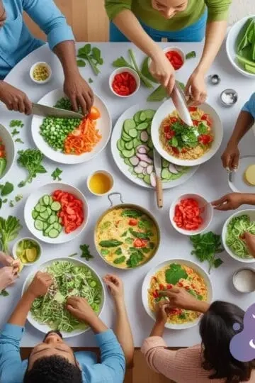 Gemeinschaftliches Kochen mit frischen, bunten Zutaten und lebendiger, freundlicher Atmosphäre.