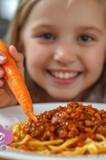 Kind mit Karotte und Pasta mit verstecktem Gemüse.