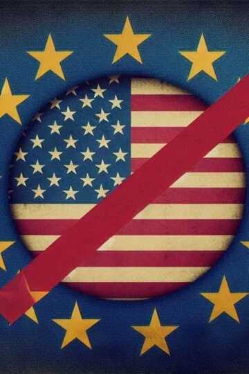 Europa gegen USA: Symbolischer Bruch mit US-Flagge und EU-Flagge im Hintergrund