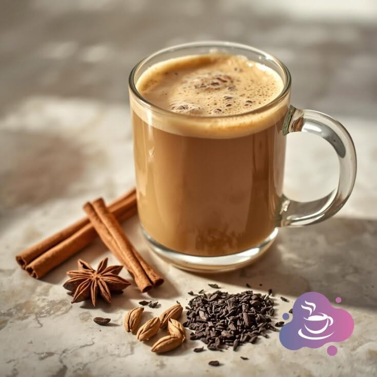 Chai-Latte im Glas mit Zimtstangen, Kardamom und Sternanis