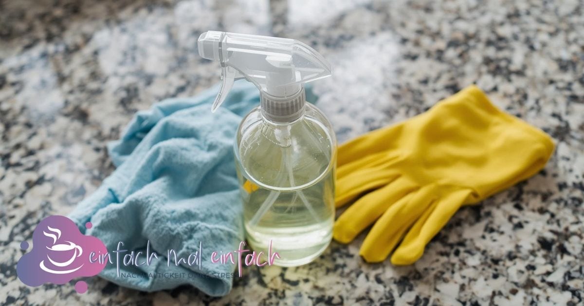 Allzweckreiniger, Tuch und Handschuhe.