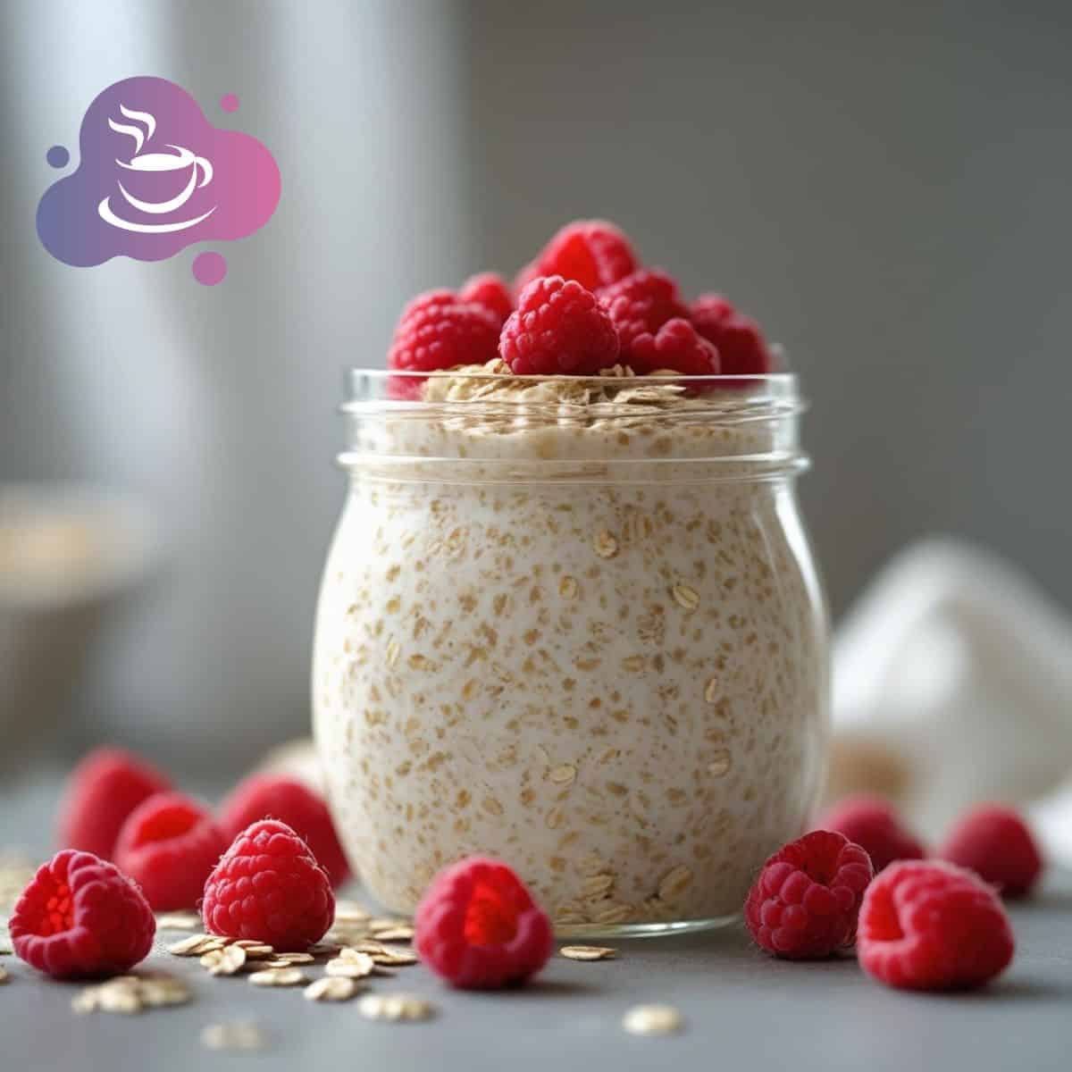 Gesunde Overnight Haferflocken mit frischen Himbeeren, perfekt für ein nahrhaftes Frühstück.