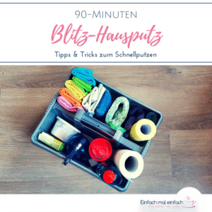 Putz-Caddy mit Putzmaterialien auf Holzlaminat. Text:"90-Minuten Blitz-Hausputz - Tipps & Tricks zum Schnellputzen"