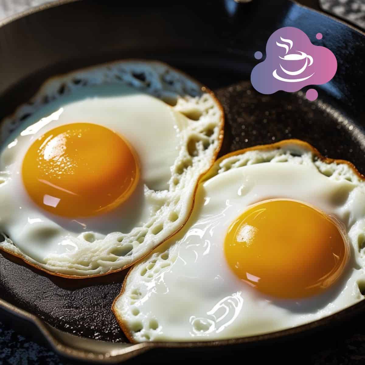Frisch gebratene Spiegeleier in Gusseisenpfanne, perfekt für ein gemütliches Frühstück.