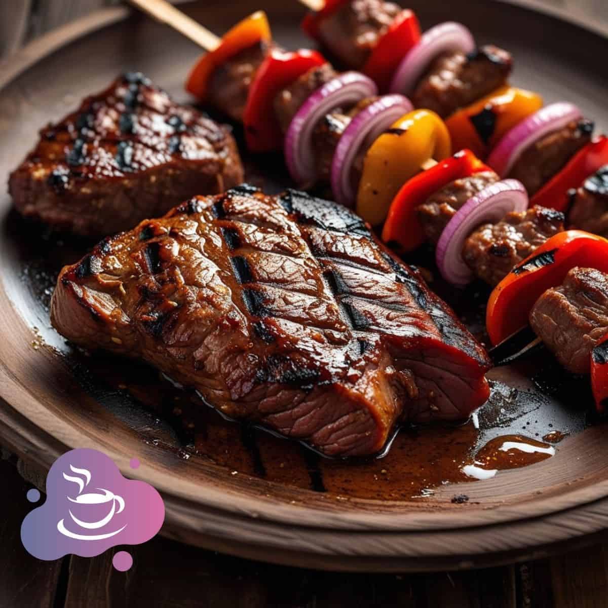Gegrilltes Fleisch mit bunten Gemüse-Spießen auf rustikaler Platte, perfekt für Barbecue und Geselligkeit.