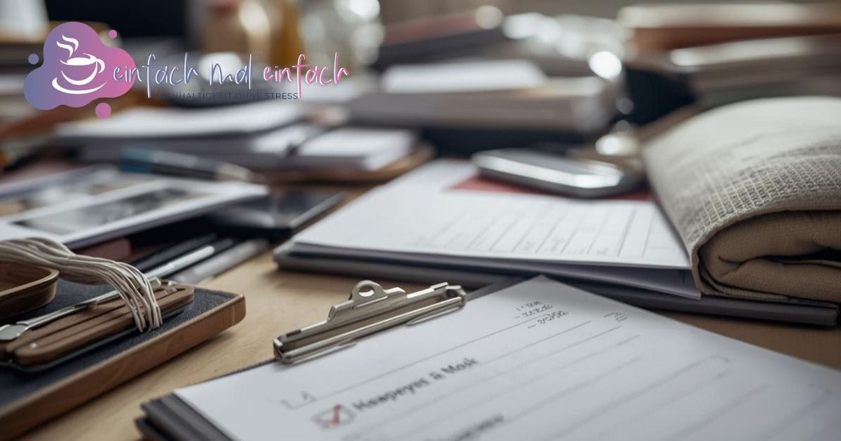 Ein unordentlicher Arbeitsplatz und eine Checkliste zum Ausmisten