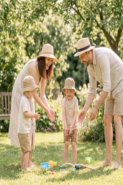 Familie mit Kindern im Schatten eines Gartens, die sich mit Wasser und Sonnenhüten vor der Hitze schützt