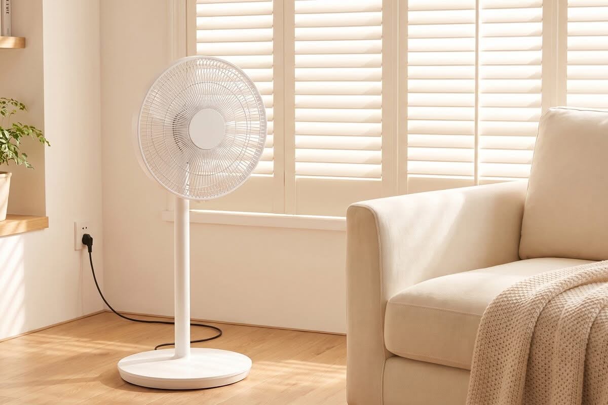 Geschlossene Jalousien an einem sonnigen Fenster mit einem Ventilator im Vordergrund